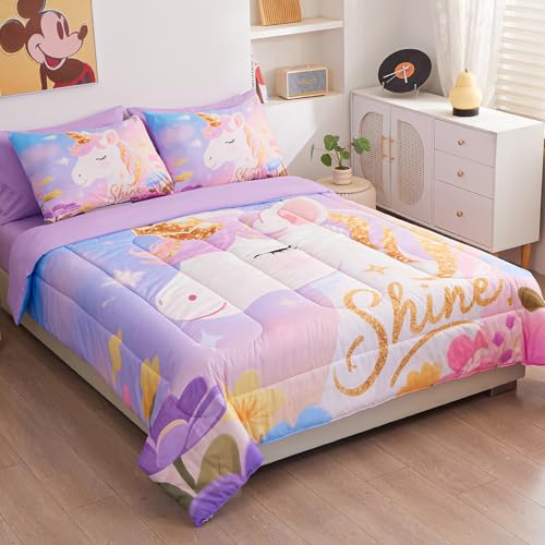 Image of Twin Bedding Sets for Girls 5 Piece,3D Dreamy Lavender Unicorn Comforter Set for Girls, Ultra Soft and Fluffy, Rainbow Bed in a Bag with Comforter Sheets Pillowcase & Sham