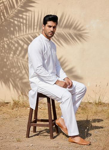 Image of Men's Solid Regular Fit Ethnic Wear White Kurta Pajama Set with Front Pocket