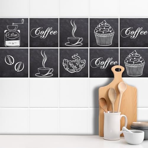 GRAZDesign Fliesenaufkleber Küche Kaffee Motive grau, Klebefolie Klebefliesen, alte Küchenfliesen überkleben, selbstklebend - Set 10 Stück