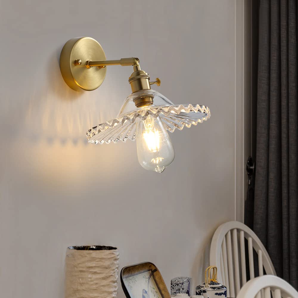 Olskfuh C Wall Lamp, Gold V-Intage Glass Wall Sconce In Brushed Brass Finish Bathroom Vanity Light Fixtures Over Mirror Bath Wall Light All Opper Bedside Sconce,Indoor Wall Light,