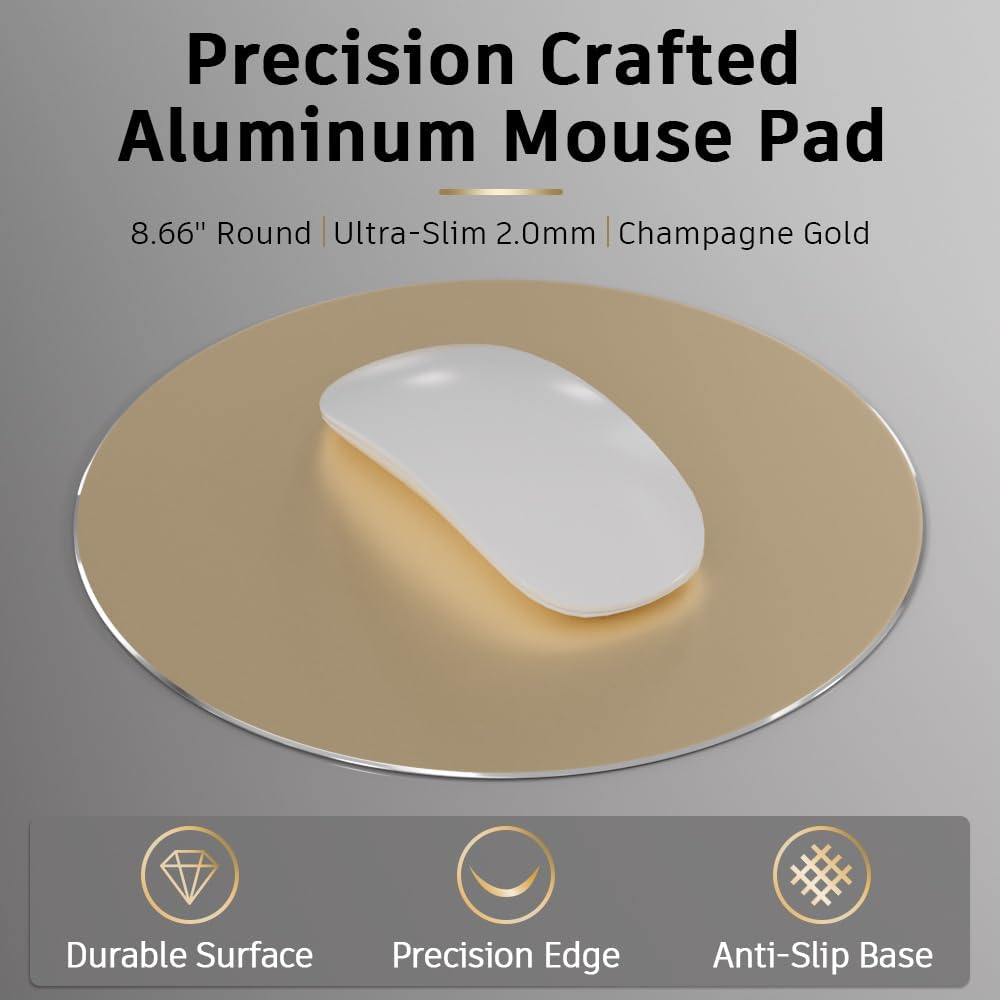 ProElife Aluminum Metal Mouse Pad Mice Mat 8.66 in (Round, Champagne Gold)