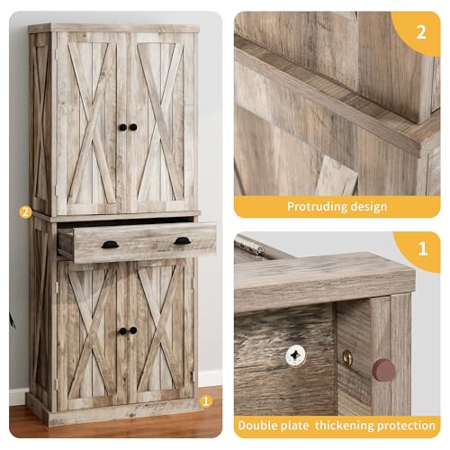 DWVO 72'' Farmhouse Kitchen Pantry, Rustic Wood Kitchen Storage Cabinets with Adjustable Shelves & Drawer, Tall Freestanding Cupboard for Dining Room, Living Room, Retro Gray