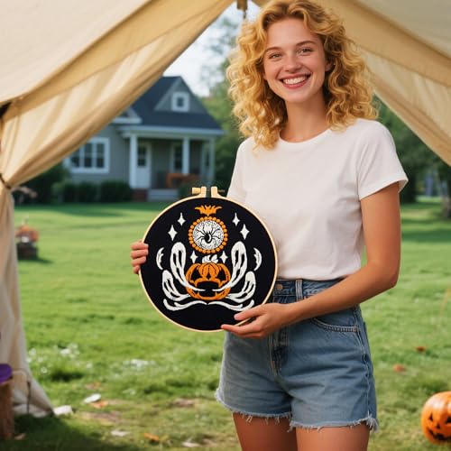 Image of Halloween Embroidery Kits for Beginners Adults, Ghost Embroidery Starter Kits, Halloween Cross Stitch Kits for Beginners Adults Hobbies for Women, Embroidery Fabric, Threads, Hoops and Video Tutorial