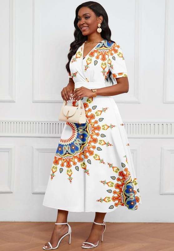 Image of MarryUP Women's Midi Dresses - V Neck Cocktail & Church Tea Dresses - Short Sleeve A-Line Swing Dress
