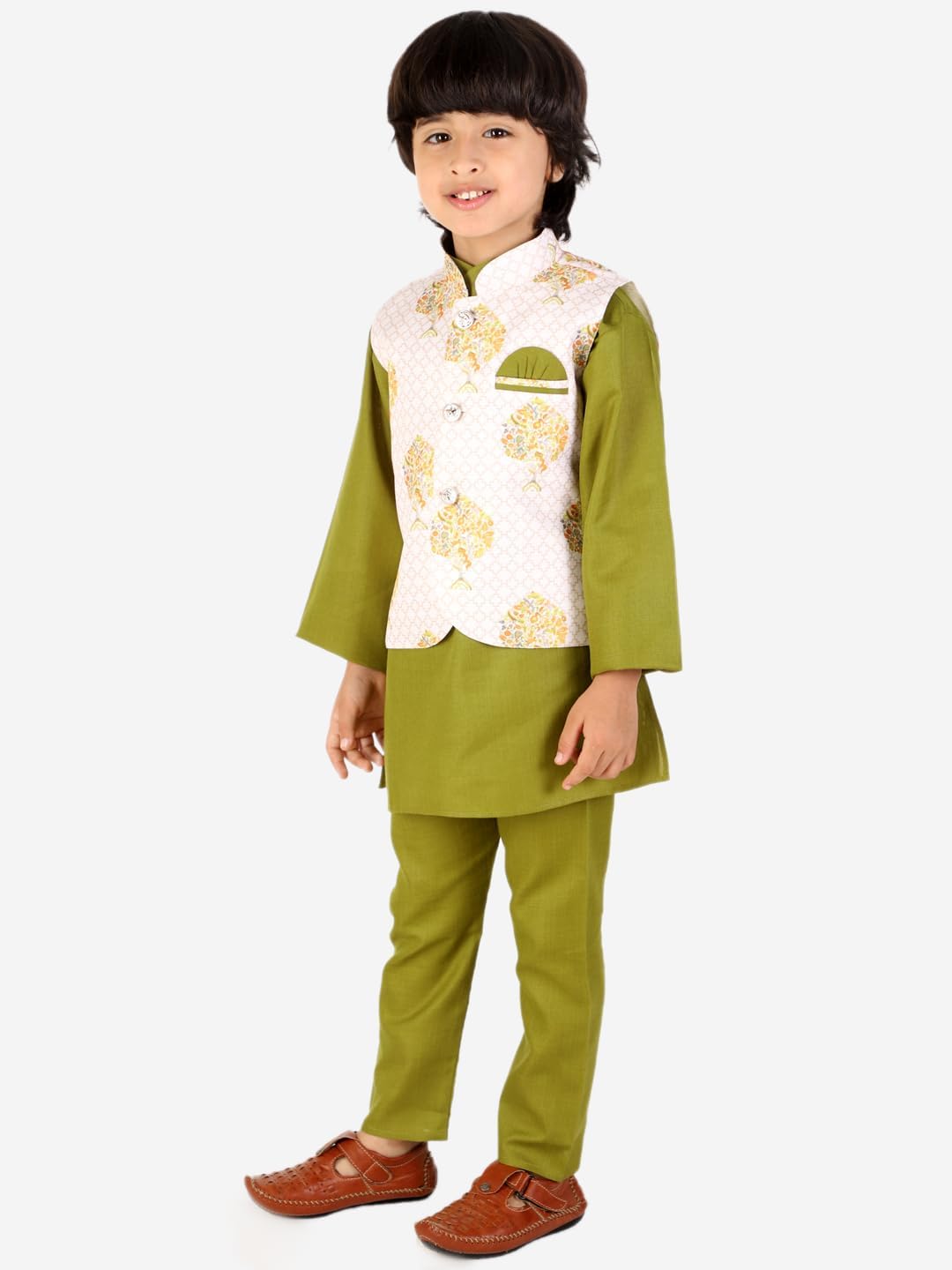 Superminis Boys Solid Color Kurta Pyjama With Printed Fancy White Base Jacket