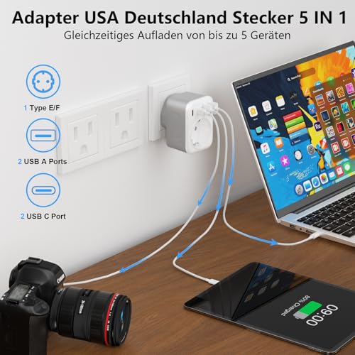 5 IN 1 USA Adapter Steckdose, Reiseadapter USA Typ B mit 2 USB C & 2 USB A, Adapter USA Deutschland Stecker für Amerika, Kanada, Mexiko,Thailand