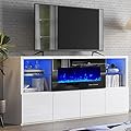 AMERLIFE Modern High Gloss 68" Fireplace TV Stand, Media Entertainment Center with Fireplace & LED Lights for TVs up to 78", TV Console with Adjustable Glass Shelves for Living Room, White & Black