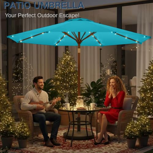Image of 9' Solar LED Patio Umbrella with Tilt & Crank|8 Sturdy Ribs,UV Protection,Outdoor Market Table Umbrella for Deck,Lawn,Pool,Backyard(Light Blue)