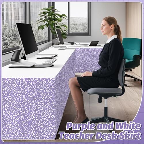 Image of 9FT Purple and White Composition Table Skirt Teacher Desk Skirt for Composition Notebook Classroom Decor Rectangle Table Cover for Back to School Party Supplies Kindergarten Office Bookcase Cabinet