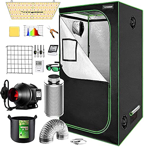 VIVOSUN Grow Tent Complete System, 3x3 Ft. Grow Tent Kit Complete with 4-inch Inline Fan Package, VS2000 LED Grow Light, Temperature Humidity Monitor, Netting, Grow Bags, Pruning Shear and Timer