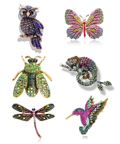 6 Pcs Women Brooches Bulk Set Rhinestone Colorful Animal Pin Crystal Vintage With Butterfly Owl Hummingbird Chameleon Dragonfly Brooch Pin Animal Shape Brooch Pins For Women Girls