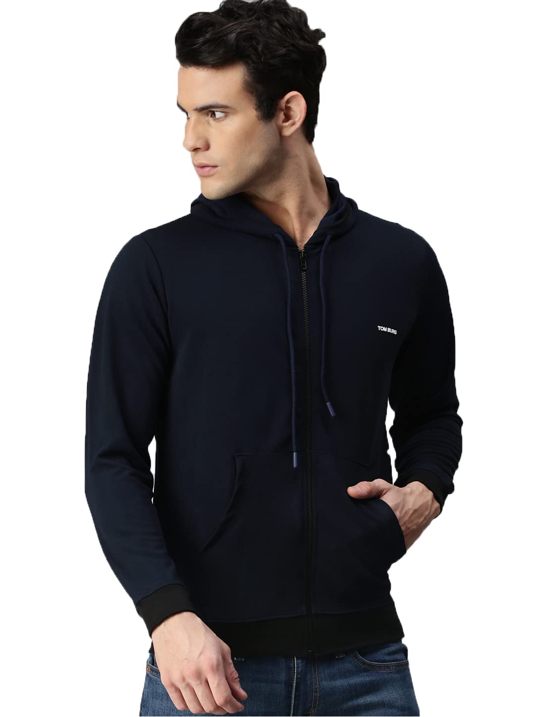 tom burg Men Navy Solid Zipped Hoodie-picture-2