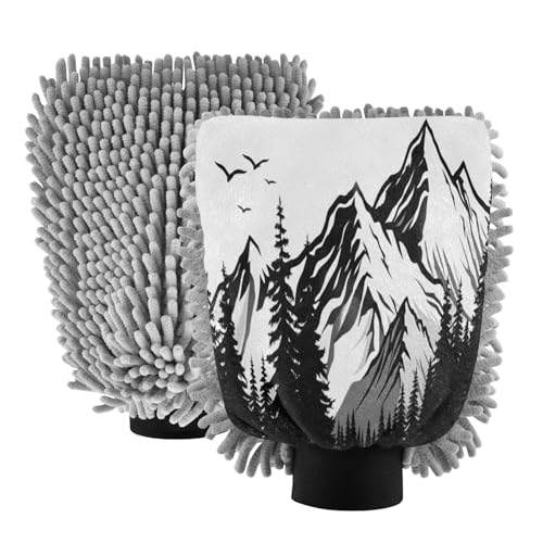 Kigai Black and White Mountain Range Car Wash Mitt Microfiber, 2Pcs Scratch Free Lint-Free, Premium Chenille Microfiber Mitt Car Wash Brush-M
