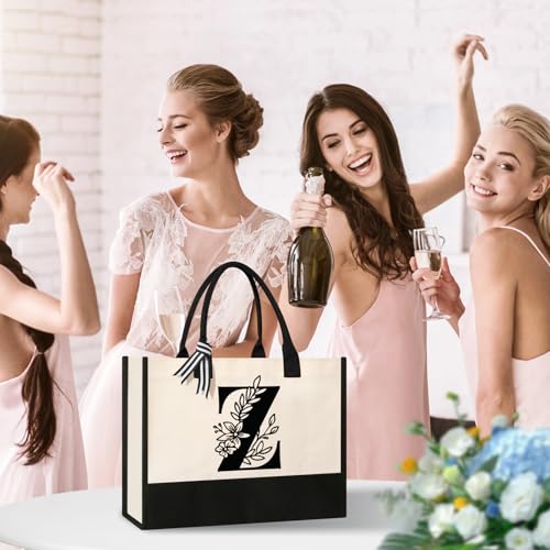 Image of Tecanne Personalized Initial Canvas Tote Bag, Suitable for Birthday, Wedding, Beach, Holiday, Gifts for Women, Mom, Teachers, Nurses, Best Friends, Bridesmaids (Z)