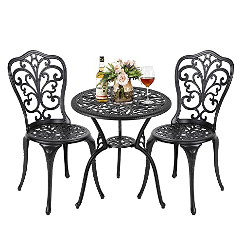Nuu Garden 3 Piece Outdoor Bistro Table Set, All Weather Cast Aluminum Patio Bistro Sets Patio Table and Chairs Set of 2 with Umbrella Hole for Yard, Balcony, Black