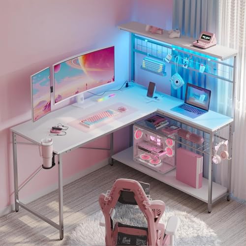 Bestier Gaming Desk 51" L-Shaped, with Power Outlets & LED Lights- 4 Tier Shelves, Reversible Gamer Table with Hooks & Cup Holder for Home Office,Carbon Fiber White Carbon Fiber White 51 Inc