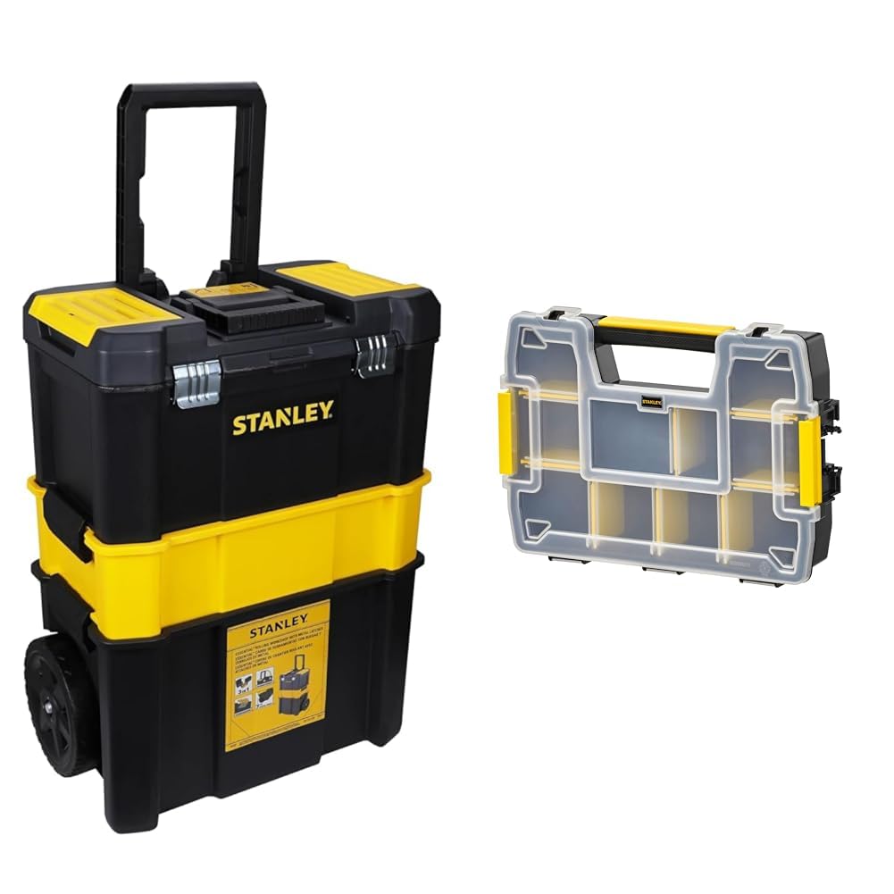 STANLEYEssential Rolling Workshop Toolbox, 3 Tier Stackable Units, STST1-80151 & STST1-70720 "Sortmaster" Organizer Stackable, Multi-Colour
