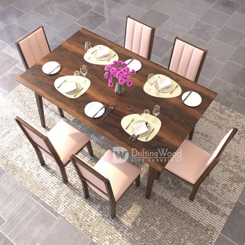 Image of DRIFTINGWOOD Atlantis Sheesham Wood Dining Table 6 Seater | Wooden Six Seater Dinning Table with Cushion Chairs | Dinner Table 6 Seater | Dining Room Sets | Self Assembly, Walnut Finish