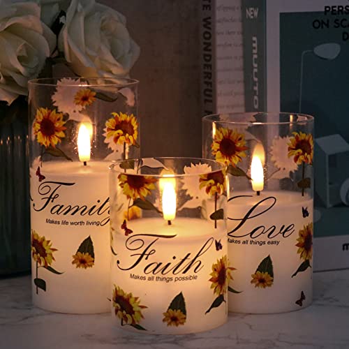 Image of Sunflower Glass Flameless Candles with Remote Timer Battery Operated LED Pillar Candles Real Wax 3D Wick Flickering Warm Light Wedding Dinner Holiday Spring Candle 3 x 4,5,6 Inches