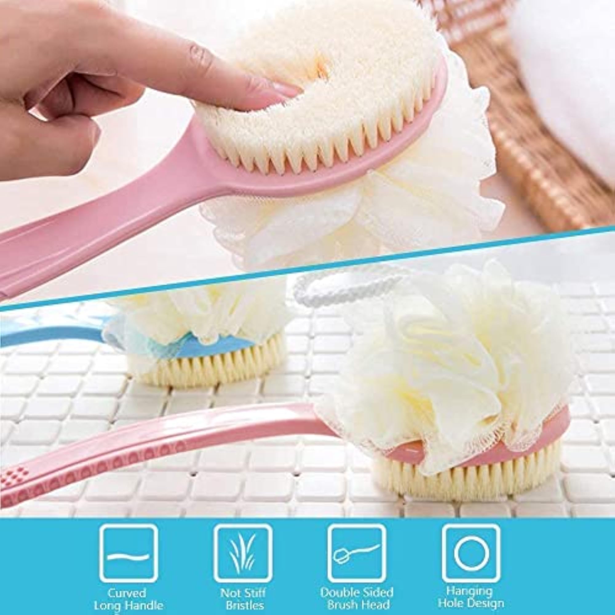 2 in 1 Back Body Bath Brush with Bristles and Loofah