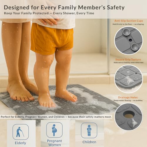 Image of HOMEZE Anti-Slip Bathroom Floor Mat for Elderly & Kids - Elevate Your Bathing Experience - 82 x 42 cm Anti-Skid Safety Shower Mat with Heavy-Duty Suction Grips, Checker Texture & Drain Holes - Grey