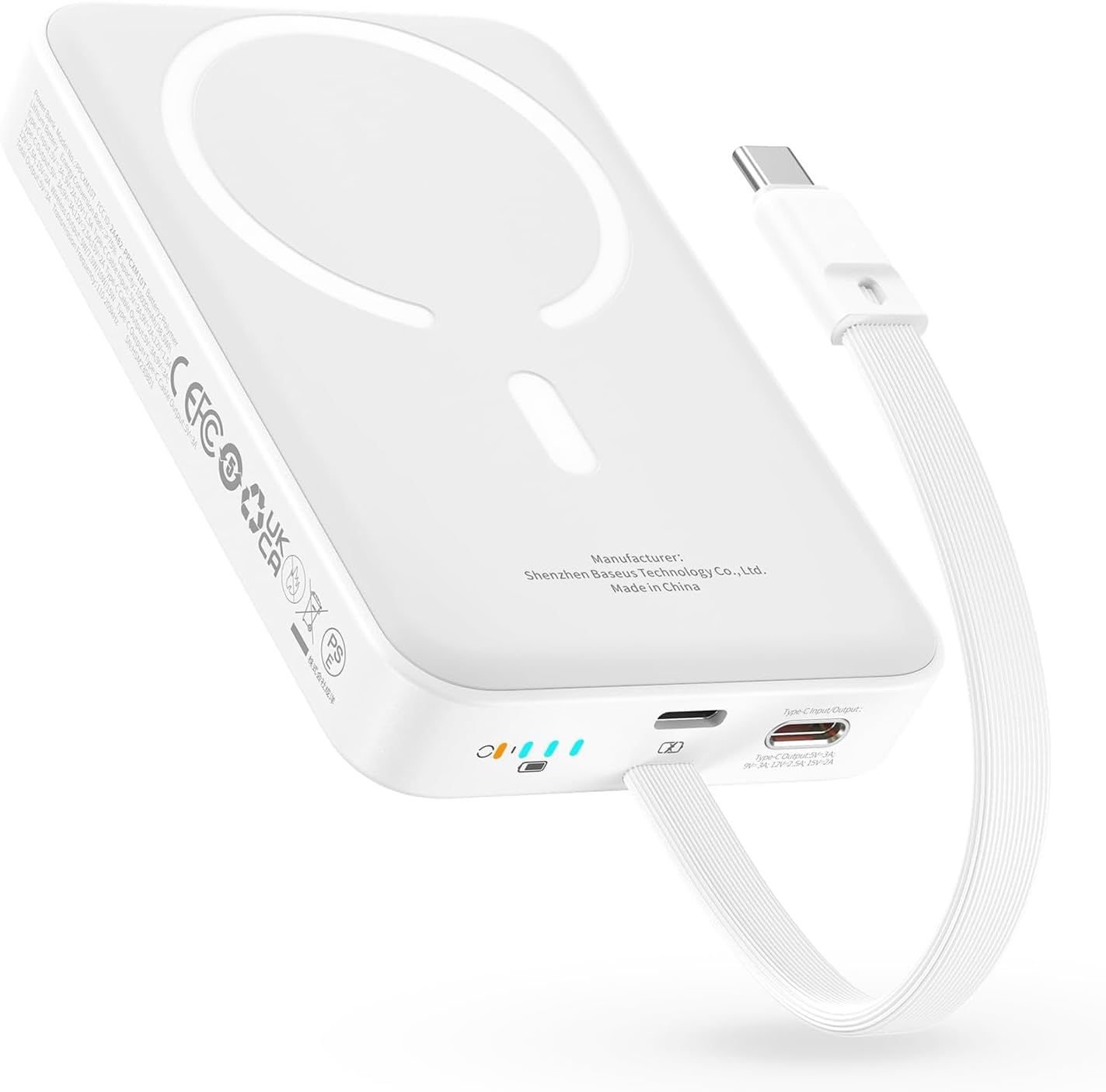 Baseus Magsafe Power Bank PD 30W, 10000mAh Powerbank Magnetica con Cavo USB-C Integrato (Carico/Scarico) per iPhone Serie 15/14/13/12, Mini Power Bank, Batteria Esterna Piccola ma Potente, Bianco