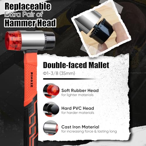Image of PINOZE 2-Piece Rubber Mallet Hammer Set, 16oz Rubber Hammer & 35mm Double-Faced Soft Mallet with 2pcs Relaceable Heads, Fiberglass Shockproof Cushioned Grip, Damage-Free to Floor, Tile, Crafts