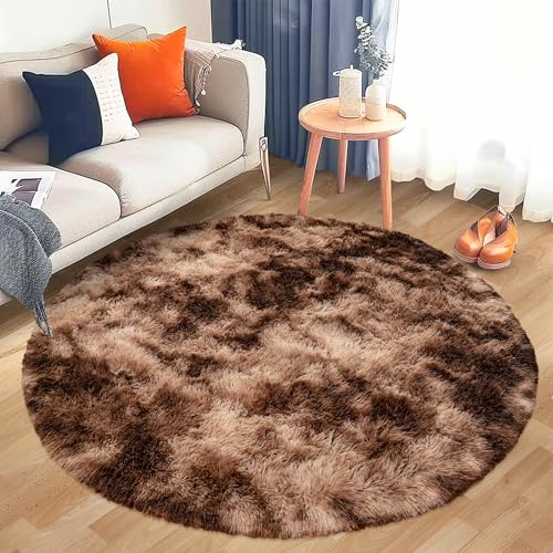 Round Shaggy Circular Tie-dye Brown Super Soft 4FT Fuzzy Plush Rug for Kids, Nursery and Teen's Room