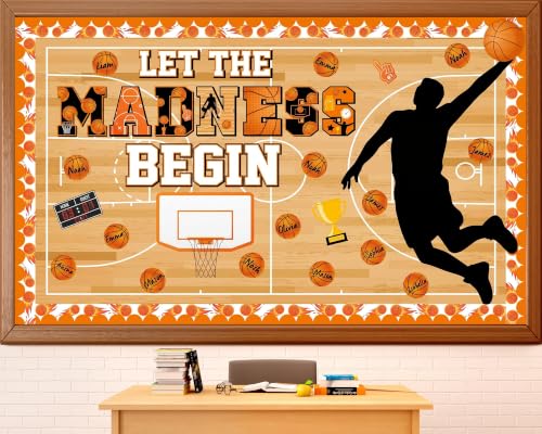 Basketball Cutouts Bulletin Board Set DIY Sports Theme Classroom Decor Let The Madness Begin Name Tag Paper Cutouts for Back to Nursery Preschool Elementary Teacher Chalkboard Wall Door Supplies