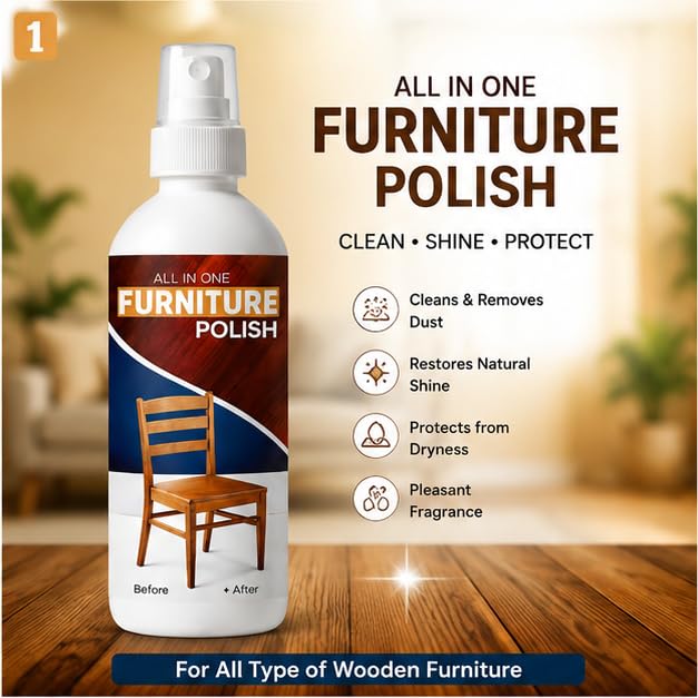 Image of All-in-One Wood Furniture Polish Spray (100ml) with Applicator Sponge | Scratch Remover, Cleaner, Shiner & Protector for Wooden Surfaces | Restores Natural Gloss Finish (Pack of 2)