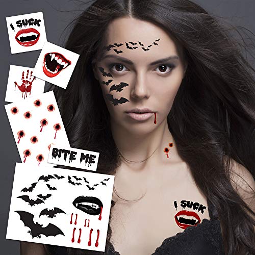 Vampire Temporary Tattoo Kit Bite Marks - Bats - Blood Drops & Fun Phrases - Easier than Make-Up - MADE in USA (Vampire 6pk)