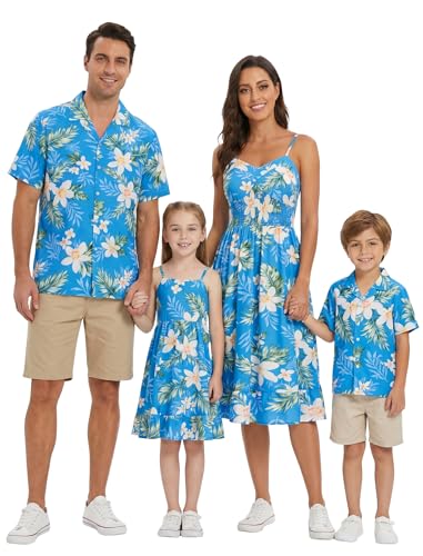 Image of AWIBMK Hawaiian Family Matching Outfits Mother Daughter Tropical Dresses Father Son Shirts for Beach Vacation Luau Party