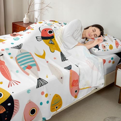 Image of jejeloiu Fish Bed Sheets Set Full Size Ocean Sea Animal Deep Pocket Fitted Sheet Colorful Bedding Sets Marine Theme Soft Bed Set 4Pcs with 2 Pillow Cases