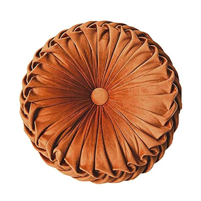 Round Throw Pillow Velvet Home Decoration Pleated Round Pillow Cushion for Couch Chair Bed Car Orange