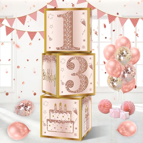 Image of Guiruiy 3Pcs 13th Birthday Decorations Boxes for Girls Women, Pink Rose Gold Sweet 13 Birthday Balloons Boxes Party Supplies, Pink Sweet Thirteen Bday Theme Cardboard Box Decor