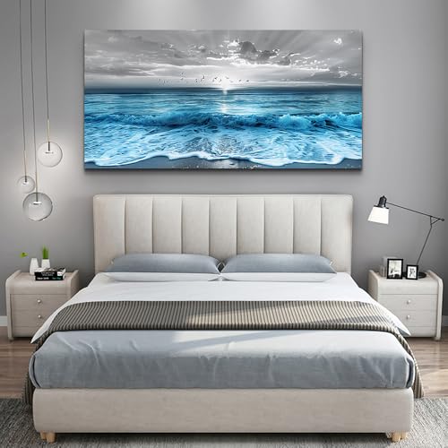 ERQINHUA Large Canvas Printed Artworks Mural Wall Decor For Living Room Wall Art For Bedroom Office Restaurant Decoration Blue Sea Wave Ocean Paintings Beach Wall Pictures Modern Home Decor 30"X60"
