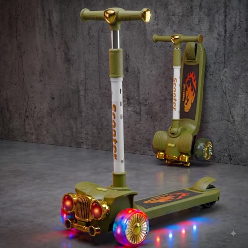 Image of Baybee Twirlo Baby Kick Scooters for Kids with 3 Height Adjustment | Foldable Skating Scooter with Foot Brake | Kids Scooter with RGB Lights & Music | Runner Scooters for Kid 2-10 Years (Green)