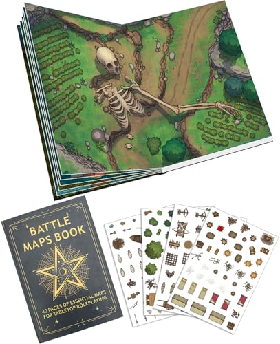 DND Battle Map Book 40 Reusable Wet/Dry Erase Mats 200+ Scenery Decals 1 Grid & Lay-Flat Binding for Tabletop RPG Campaigns