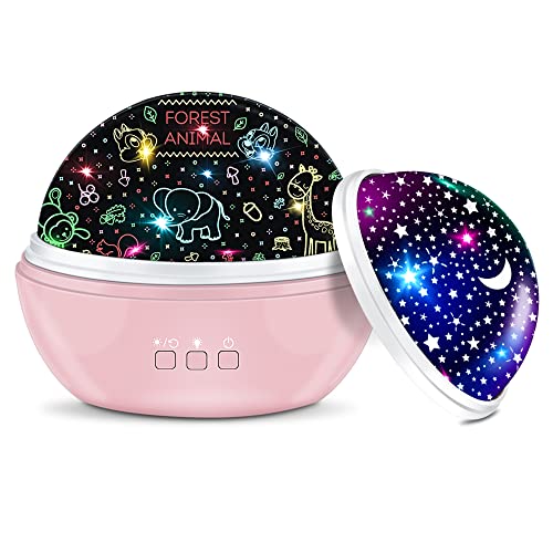 Star Projector Night Light for Girls Room, Pink Baby Night Lights with Star Moon and Animal Light, Birthday Gifts for 3 to 12 Year Old Girls Toy(Pink)