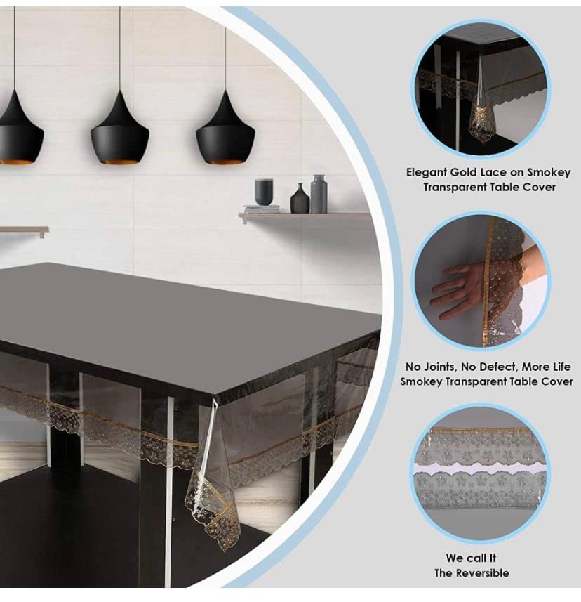Image of CASA-NEST PVC Reversible Lace Table Cover, Color= Black Transparent with Gold Embossed, Size 40x60 Inch