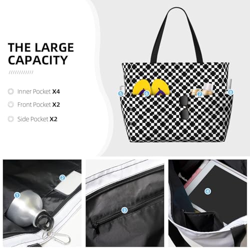 Large Beach Bags Water-resistant Sandproof - Black and white checkered Cute Beach Tote Bags for Women with Zipper3