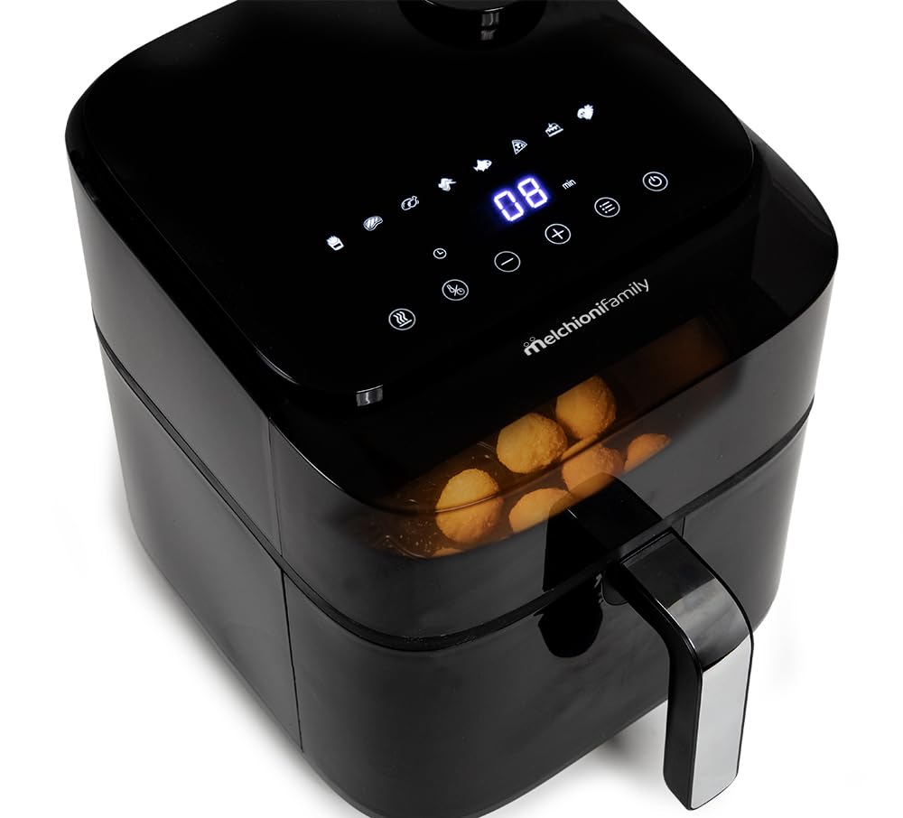 Frytkownica Melchioni Family z miękką parą, podwójna rezystancja, pojemność 6,5 l, cyfrowy wyświetlacz i 8 zaprogramowanych programów, cicha, regulowana temperatura 80-200°C, timer 60 min,