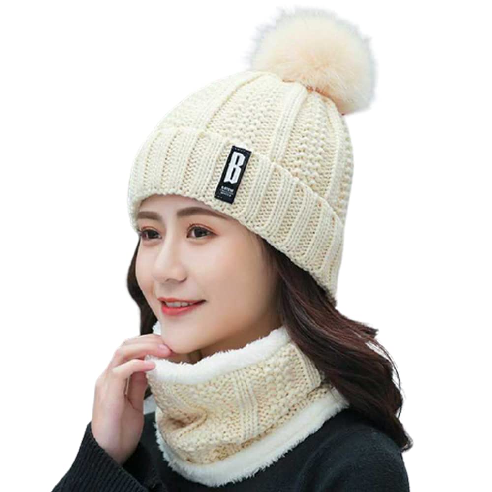 Bandhan1 Set Beige Color Winter Women Ball Cap And Scarf