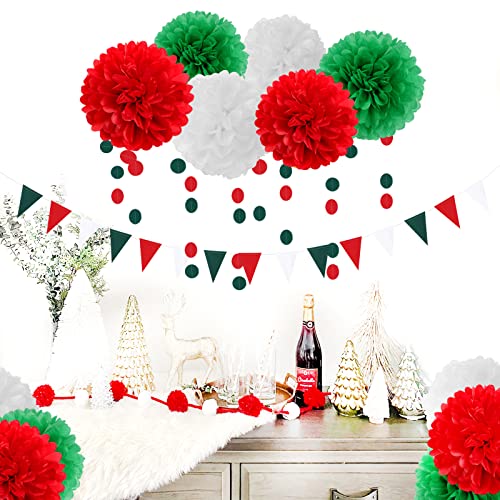 Image of Red-Green White Party-Decorations - 23pcs Mexico Italy Tissue Pom Poms Streamers,Tassel Garland Banner,Mexican Italian Birthday Wedding Baby Shower Decor Bunting Lasting Surprise