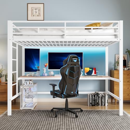 Jaxenor Litera de 90 x 200 cm, con barandilla de seguridad y escalera, cama alta con escritorio, mesa con USB y enchufe, tira de control de cable, sin colchón, color blanco