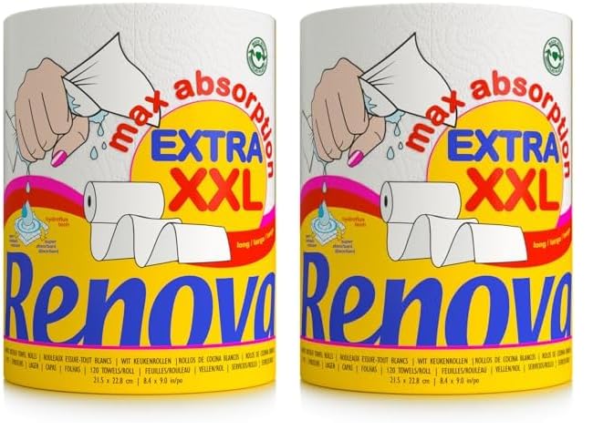 Renova - Maxiabsorption, Rollos de cocina XXL, Triple, Blanco - 1 Rollo (Paquete de 2)