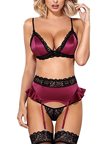 Obsessive unglaublich verführerisches Strapsset aus elastischem Satinstoff und schwarzer Spitze, pink (S/M)