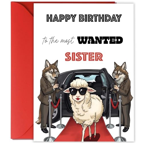 Funny Birthday Card for Sister Sheep & Paparazzi Wolves Design Cute Humorous A5 Card with Red Envelope Thick Premium Matte Finish Blank Inside