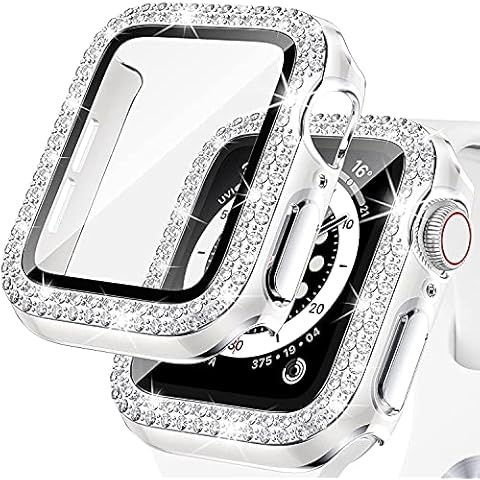 Kamita Diamond Case for Apple Watch Series SE 2022/6/5/4 40mm, Overall PC Cover with Tempered Glass Screen, Bling Screen Protector Compatible with iWatch (White-sliver) Cover