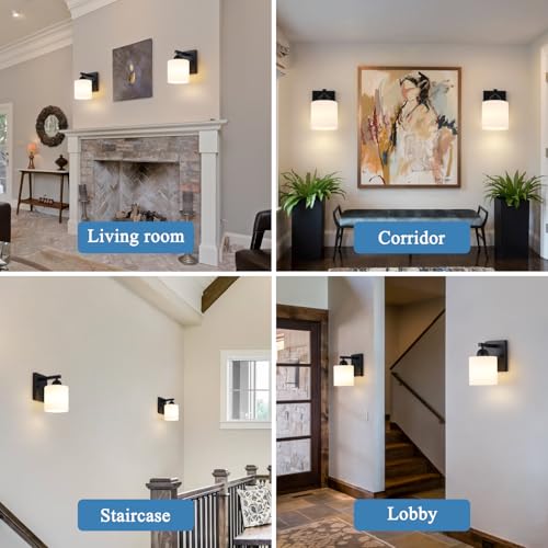 Image of Mecgirn Matte Black Milk Glass Wall Sconces, 1 Pack Hardwired Indoor Wall Light Fixtures for Living Room, Hallway, Bedroom, Ceramic E26 Sockets (Bulbs Not Included)